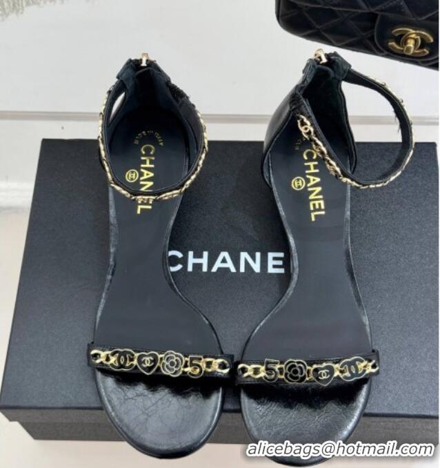 Shop Duplicate Chanel Calfskin Heel Sandals 3.5cm with Logo Charm Black 2025 CH030502