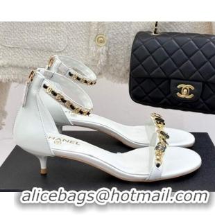 Low Cost Chanel Calfskin Heel Sandals 3.5cm with Logo Charm White 2025 CH030502