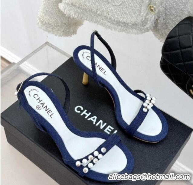 Cheap Price Chanel Vintage Canvas Heel Sandals 7.5cm with Pearls Navy Blue 2025 CH030503