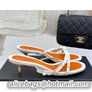 Duplicate Chanel Vintage Canvas Heel Slides Sandal 3.5cm with Pearls White 2025 CH030503