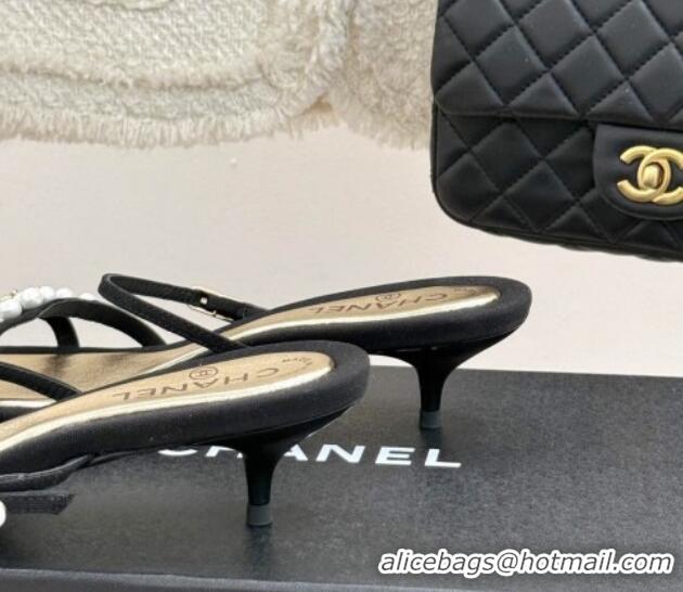 Classic Hot Chanel Vintage Canvas Heel Slides Sandal 3.5cm with Pearls Black 2025 CH030503