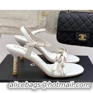 Best Grade Chanel Calfskin Heel Slides Sandal 7.5cm with Pin Buckle White 2025 CH030504
