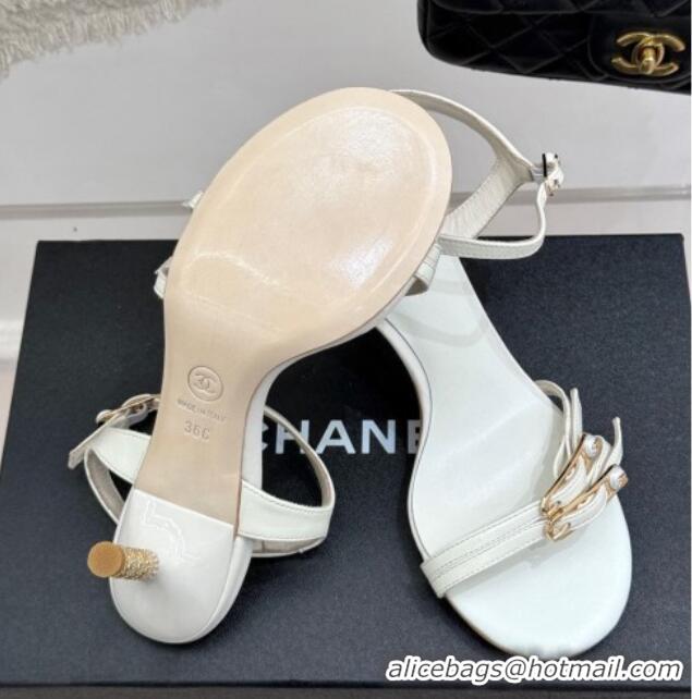 Best Grade Chanel Calfskin Heel Slides Sandal 7.5cm with Pin Buckle White 2025 CH030504