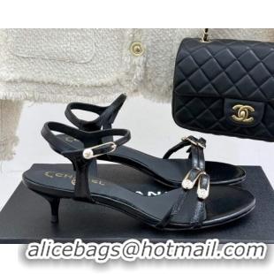 Popular Style Chanel Calfskin Heel Slides Sandal 3.5cm with Pin Buckle Black 2025 CH030504