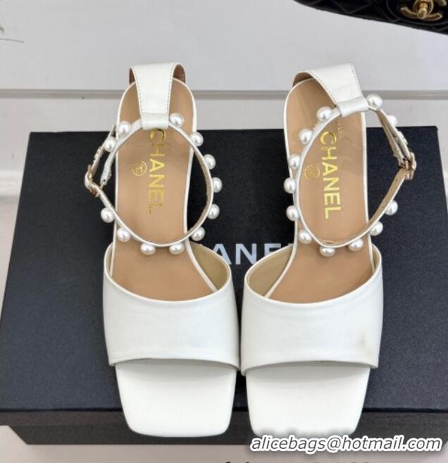 Luxurious Chanel Lambskin Heel Sandals with Pearls Ankle Strap White 2025 CH030506