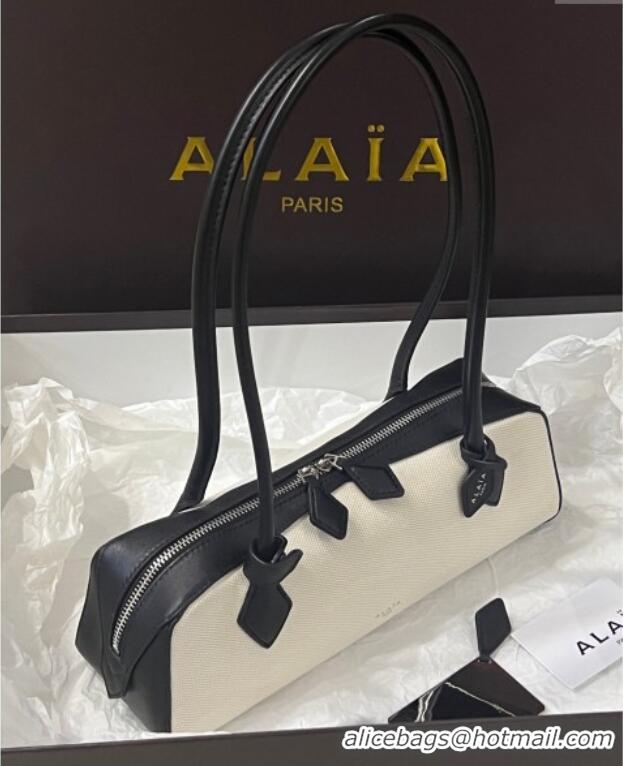 Famous Brand Alaia Le Tecket Medium Long Shoulder bag in Leather and Canvas A9018 Beige/Black 2025
