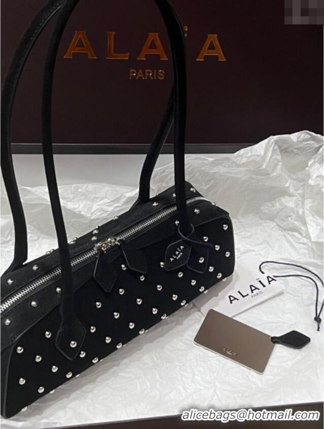 Top Grade Alaia Le Tecket Medium Long Shoulder bag in Suede with Studs A9018 Black/Silver 2025