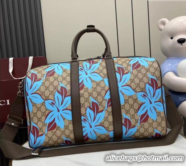 Best Price Gucci Mens GG Canvas Duffle Bag with 792074 Blue Flower Print 2025