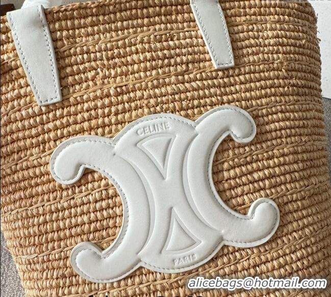 Trendy Design Celine Teen Supple Classic Panier Tote bag in Raffia Straw and Calfskin 115802 White 2024