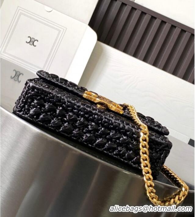 New Design Celine Chain Shoulder Bag in Raffia and Calfskin 199162 Black 2025