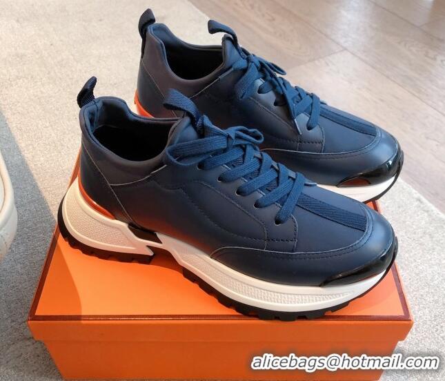 Purchase Hermes Men's Just Sneakers in Leather and Fabric Dark Blue 0226001