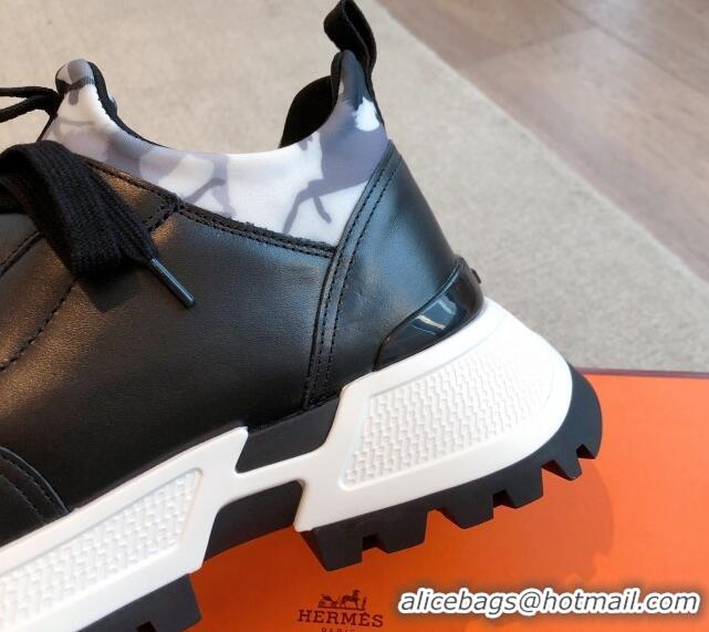 Unique Style Hermes Men's Just Sneakers in Leather and Printed Fabric Black 0226004
