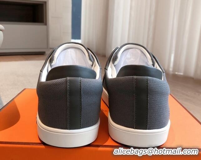Top Grade Hermes Kid Sneakers in Canvas and Calfskin Leather Dark Grey 0226016