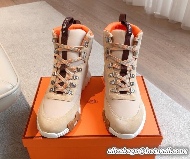 Sophisticated Hermes Klimb Boot Sneakers in Suede and Check Fabric Beige 0226037