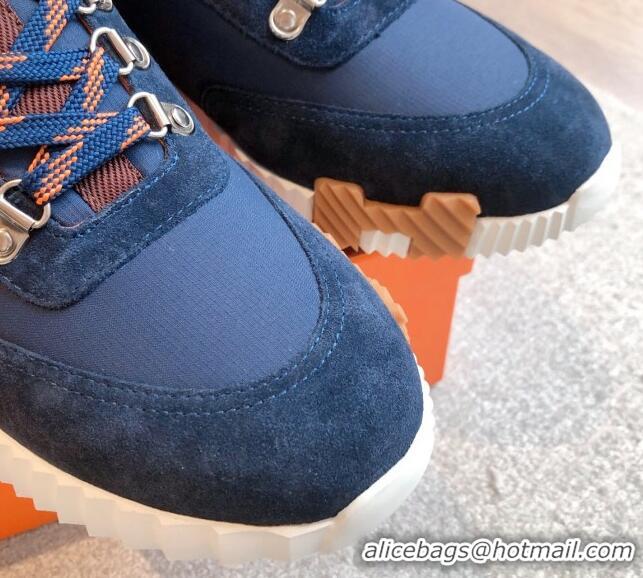 Top Grade Hermes Klimb Boot Sneakers in Suede and Check Fabric Dark Blue 0226041