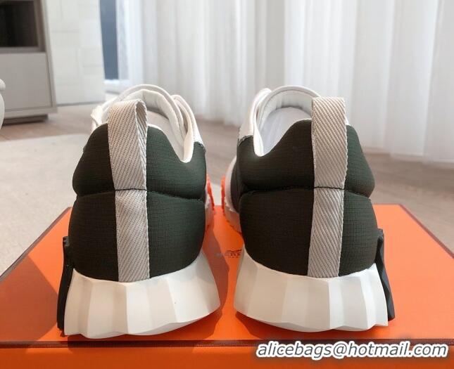 Best Grade Hermes Bouncing Sneakers in Leather and Check Fabric Dark Green 0226050