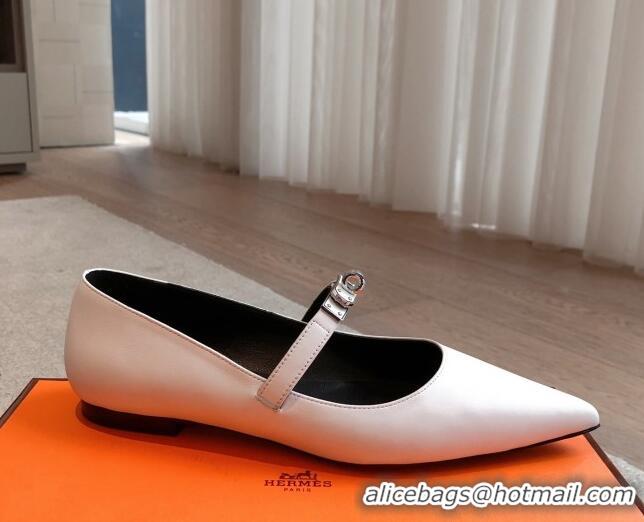 Unique Style ermes Kelly Mary Janes Ballet Flats in Calfskin with Kelly buckle White 0226070
