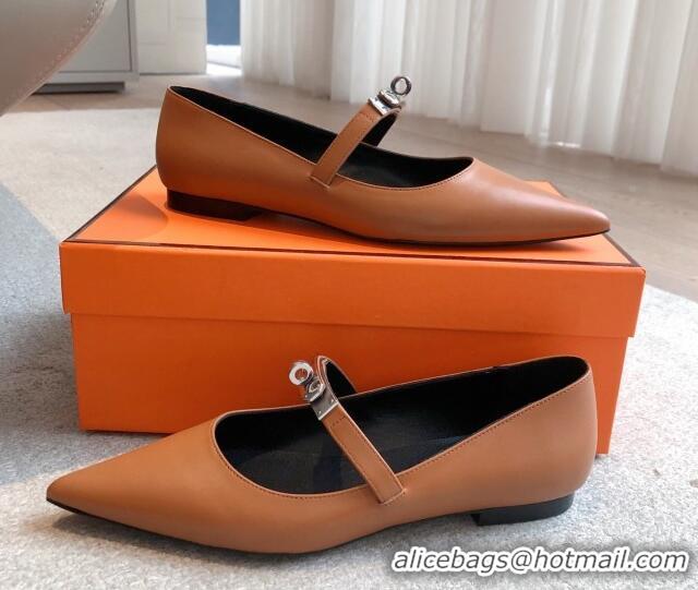 Low Price Hermes Kelly Mary Janes Ballet Flats in Calfskin with Kelly buckle Brown 0226067