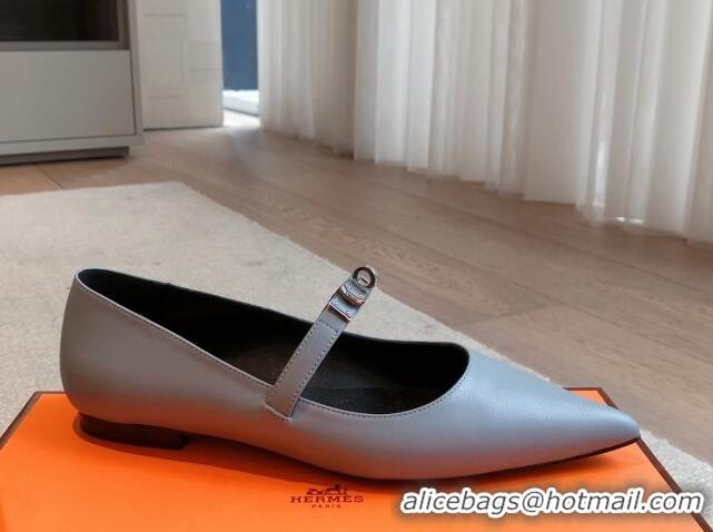 Popular Style Hermes Kelly Mary Janes Ballet Flats in Calfskin with Kelly buckle Light Grey 0226072