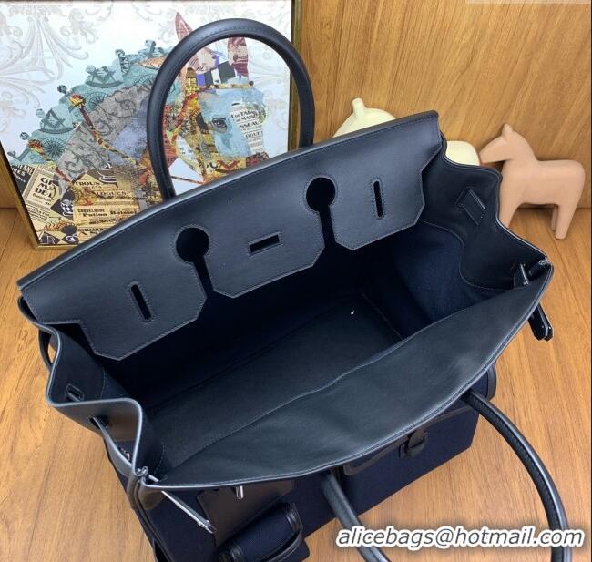 Buy Discount Hermes Hac Birkin 40 Bag in Swift Leather and Canvas H40 Black/Blue/Silver 2025 (Half Handmade)