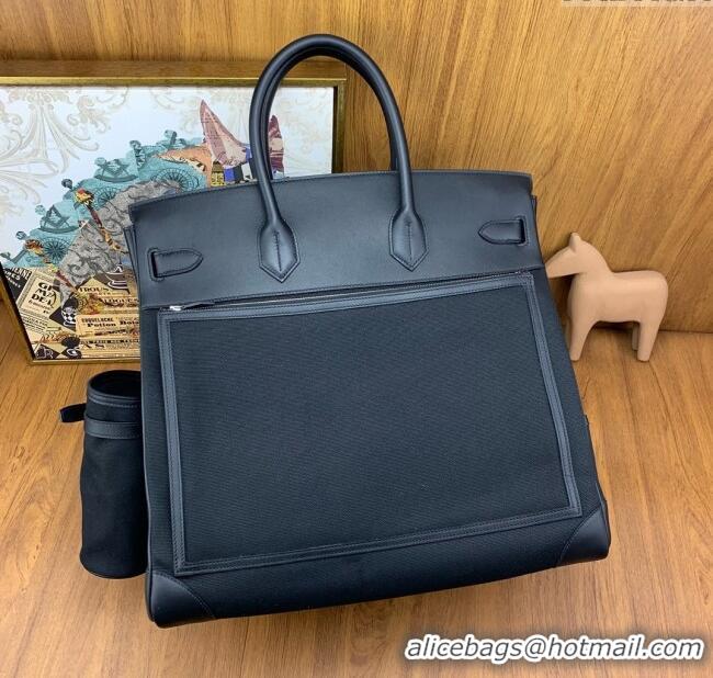 Top Grade Hermes Hac Birkin 40 Bag in Swift Leather and Canvas H40 Black/Silver 2025 (Half Handmade)