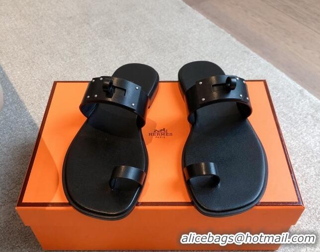 Top Grade Hermes July Thong Slide Sandals in Calfskin with Oversized Kelly Buckle Black 0226074