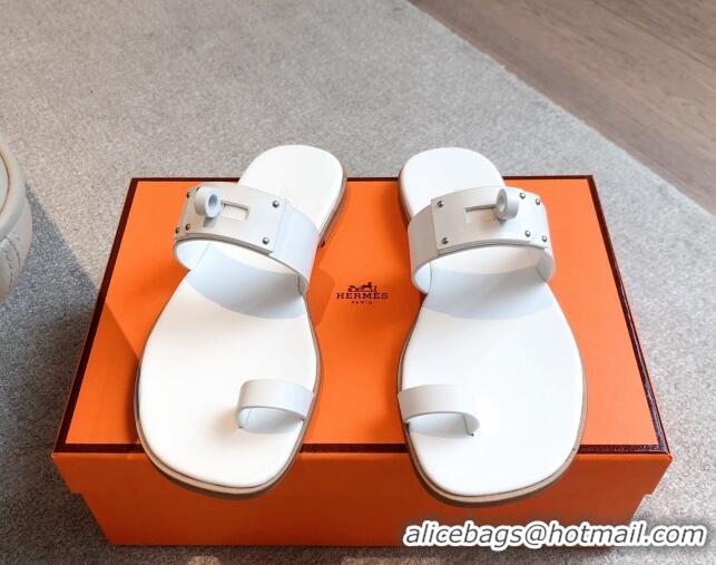 Good Quality Hermes July Thong Slide Sandals in Calfskin with Oversized Kelly Buckle White 0226075