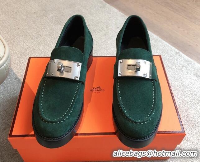 Grade Quality Hermes Hot Loafers in Suede with Oversized Kelly Buckle Dark Green 0226077