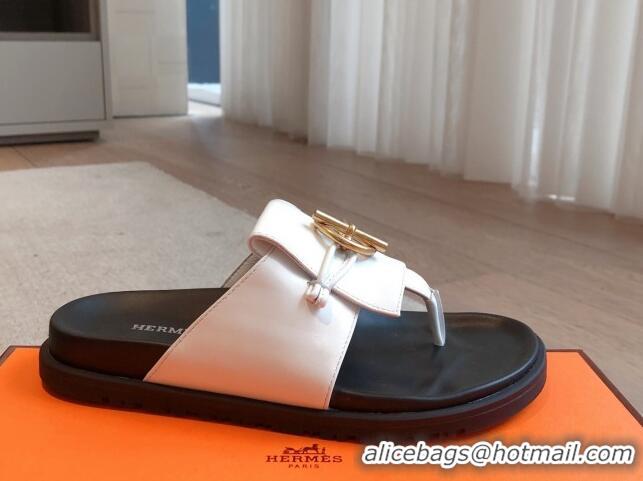 Purchase Hermes Glenan Buckle Thong Slide Sandals in Calfskin White 0226092