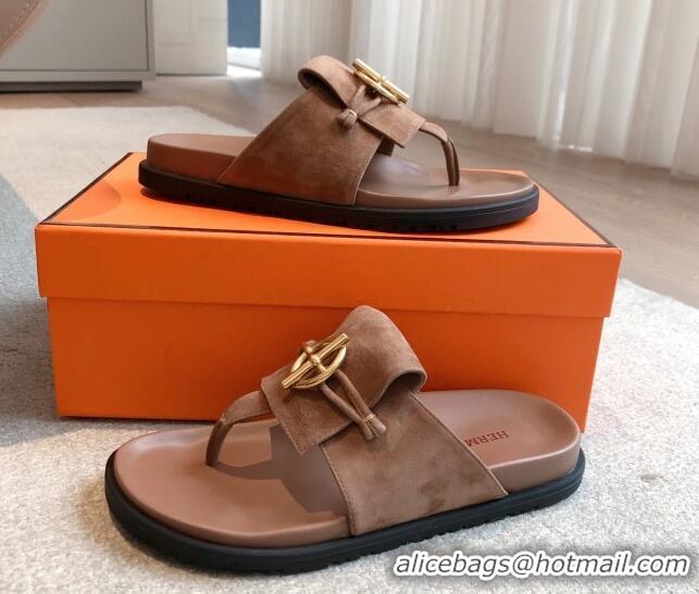 Sumptuous Hermes Glenan Buckle Thong Slide Sandals in Suede Brown 0226094