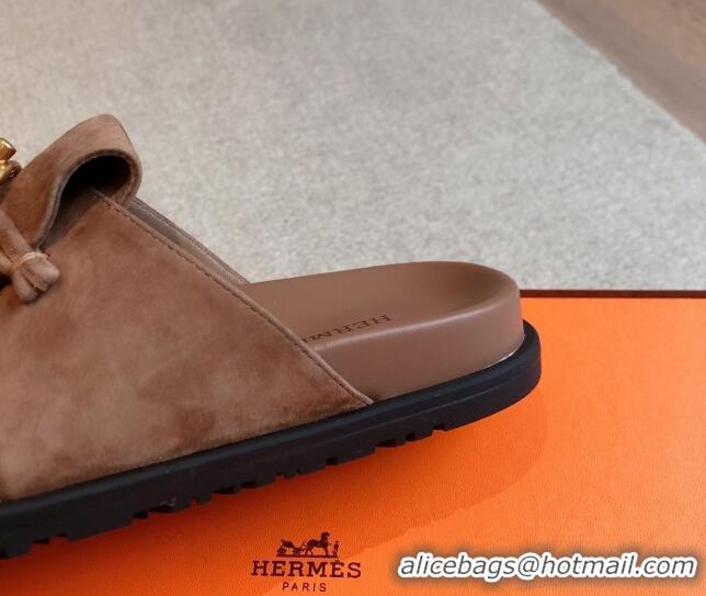 Sumptuous Hermes Glenan Buckle Thong Slide Sandals in Suede Brown 0226094