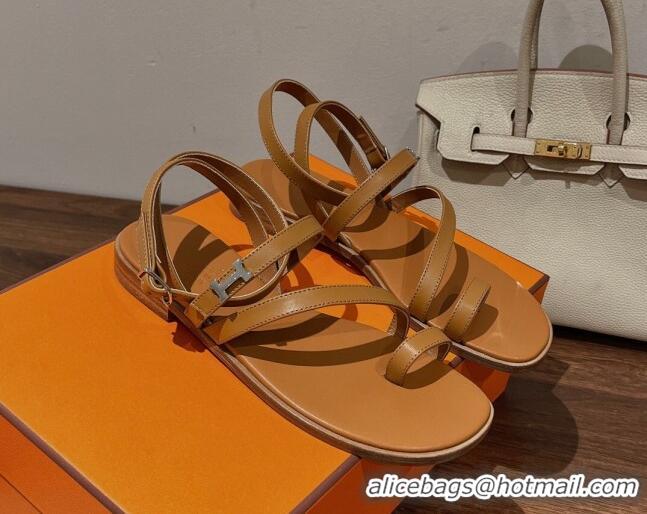 Hot Style Hermes Harmonie Flat Sandals in Calfskin with Ankle Strap Brown 0226099