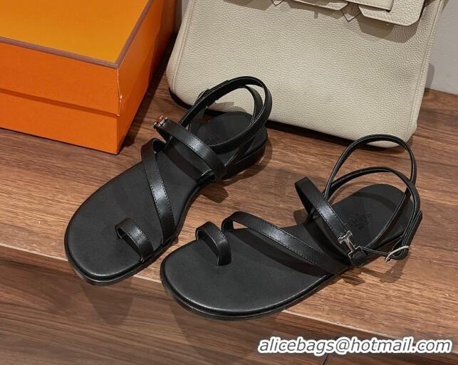 Top Grade Hermes Harmonie Flat Sandals in Calfskin with Ankle Strap Black 0226097