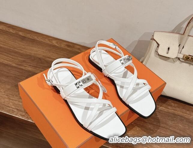 Unique Style Hermes June Flat Sandals in Calfskin with Kelly Buckle White 0226101