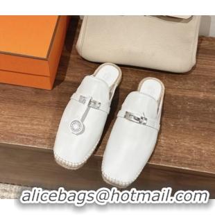 Low Cost Hermes Elda Calfskin Flat Mules with Kelly Buckle White 0226105