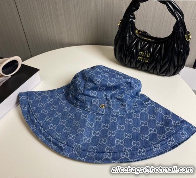 Top Design Gucci GG Denim Wide Brim Bucket Hat 0115 Blue 2025