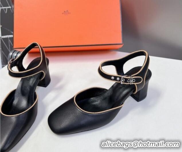 Top Grade Hermes Kamilla Open Back Pumps 6cm in Calfskin Black 0226107