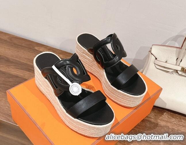 Purchase Hermes Ithea 30 Espadrille Platform Slides Sandal 8cm in Nappa Leather Black Upper 0226112