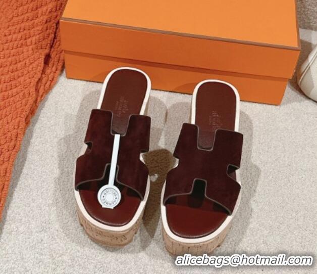 Top Design Hermes Eze 30 Platform Slides Sandal 6.5cm in Suede Dark Brown 0226117