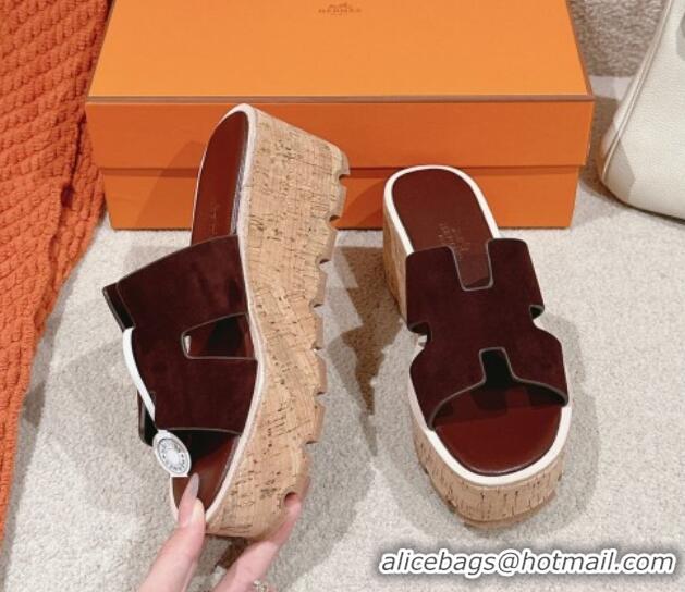 Top Design Hermes Eze 30 Platform Slides Sandal 6.5cm in Suede Dark Brown 0226117