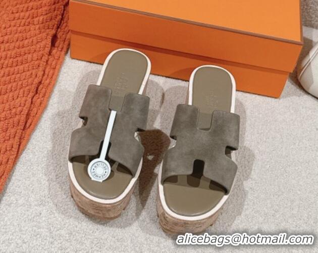 Sumptuous Hermes Eze 30 Platform Slides Sandal 6.5cm in Suede Dark Grey 0226118