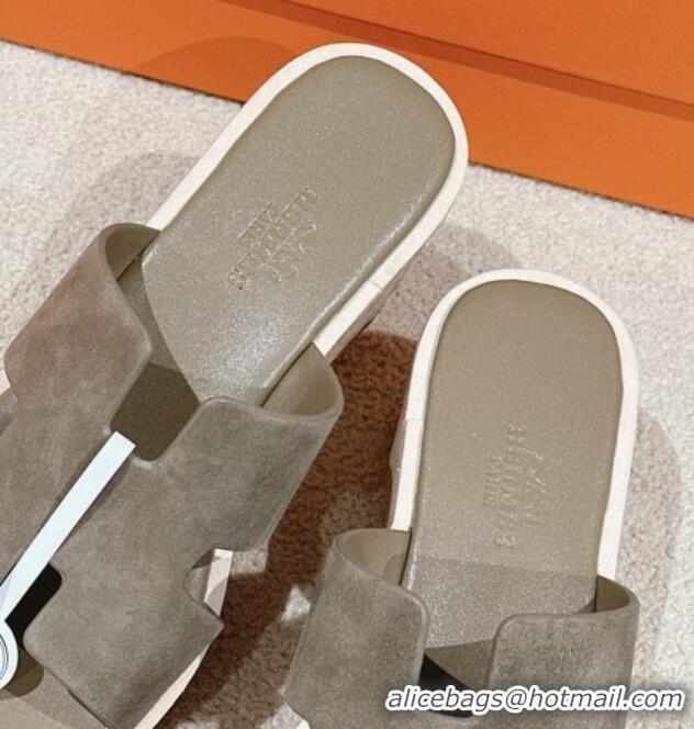 Sumptuous Hermes Eze 30 Platform Slides Sandal 6.5cm in Suede Dark Grey 0226118