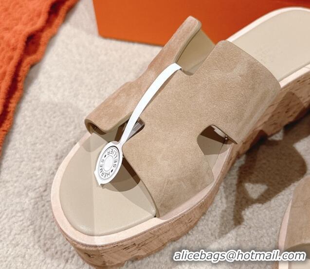 Stylish Hermes Eze 30 Platform Slides Sandal 6.5cm in Suede Beige Grey 0226122