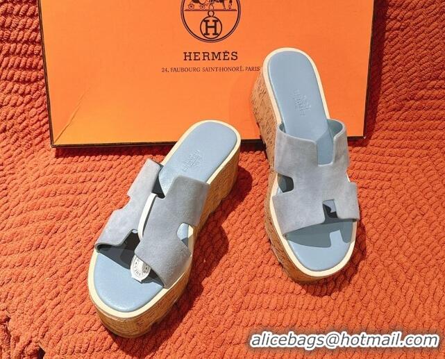Top Grade Hermes Eze 30 Platform Slides Sandal 6.5cm in Suede Light Blue 0226123