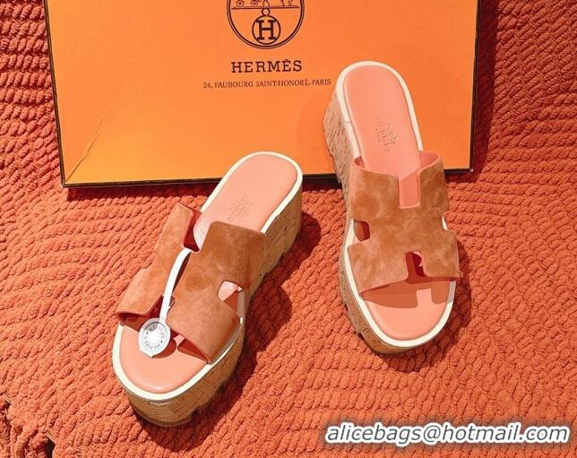 Sophisticated Hermes Eze 30 Platform Slides Sandal 6.5cm in Suede Peachy Pink 0226124