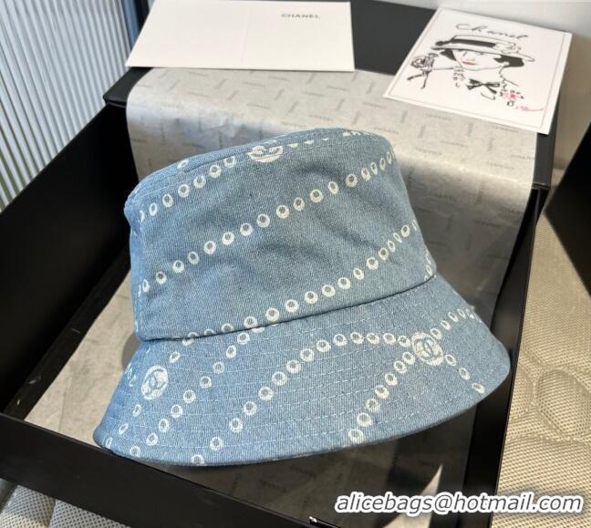 Top Design Chanel Printed Denim Bucket Hat 0318 Light Blue 2025