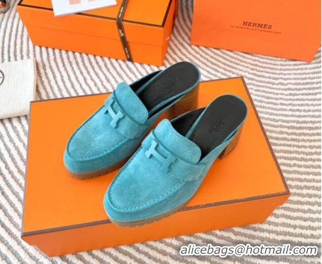 Low Price Hermes Flore Suede Heel Mules Blue 0226140