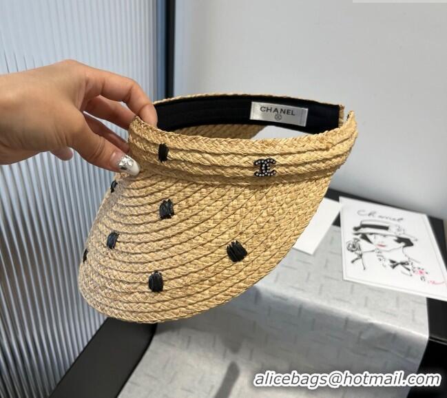 Big Discount Chanel Straw Visor Hat 0318 Beige/Black 2025