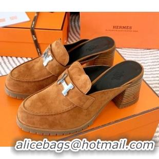Most Popular Hermes Flore Suede Heel Mules Brown 0226141