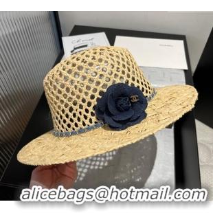 Big Discount Chanel Straw Hat with Blue Camellia Bloom C8085 2025